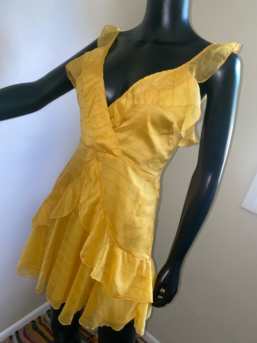 Yellow Ruffle V-Neck Women's Dress - Picture 5 of 13